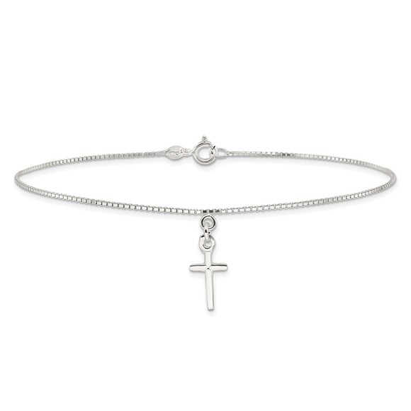 925 Sterling Silver 10 in Solid Polished Cross Charm on Box Chain Jewelry Anklet - Picture 3 of 7